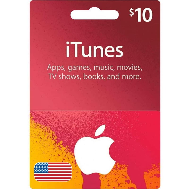 $10 Apple Gift Card- 10 USD-USA featuring a red background with a paint splatter design in yellow and pink, displaying an Apple logo and a small US flag icon on the bottom. | TECHHAUZ.COM
