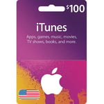 A $100 Apple Gift Card against a purple and yellow paint splatter background, displaying an Apple logo and a small American flag, used for purchasing apps, games, music, movies, TV shows, books, and more. | TECHHAUZ.COM