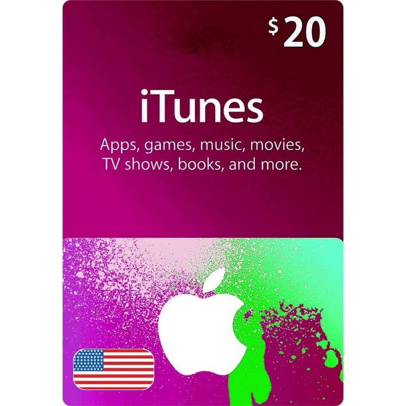 $20 Apple Gift Card- 20 USD-USA featuring a gradient from magenta to green with a white Apple logo, splattered paint design, and a small American flag. Text lists various media types available for purchase. | TECHHAUZ.COM