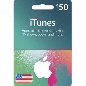$50 Apple Gift Card- 50 USD-USA featuring a colorful splatter design and an American flag below the Apple logo. This card is for apps, games, music, movies, TV shows, books, and more. | TECHHAUZ.COM