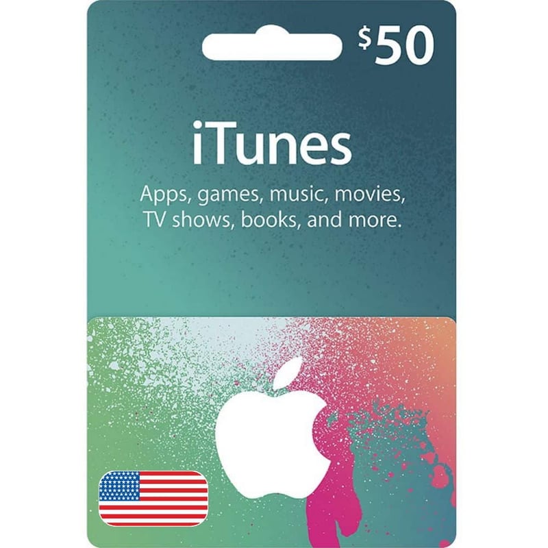 $50 Apple Gift Card- 50 USD-USA featuring a colorful splatter design and an American flag below the Apple logo. This card is for apps, games, music, movies, TV shows, books, and more. | TECHHAUZ.COM