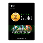 A Razer Gold 100 USD - GLOBAL gift card featuring a gold coin logo on a dark background, with colorful illustrations of video game characters below and the text "Whatever you play, pay with Razer Gold - GLOBAL. | TECHHAUZ.COM