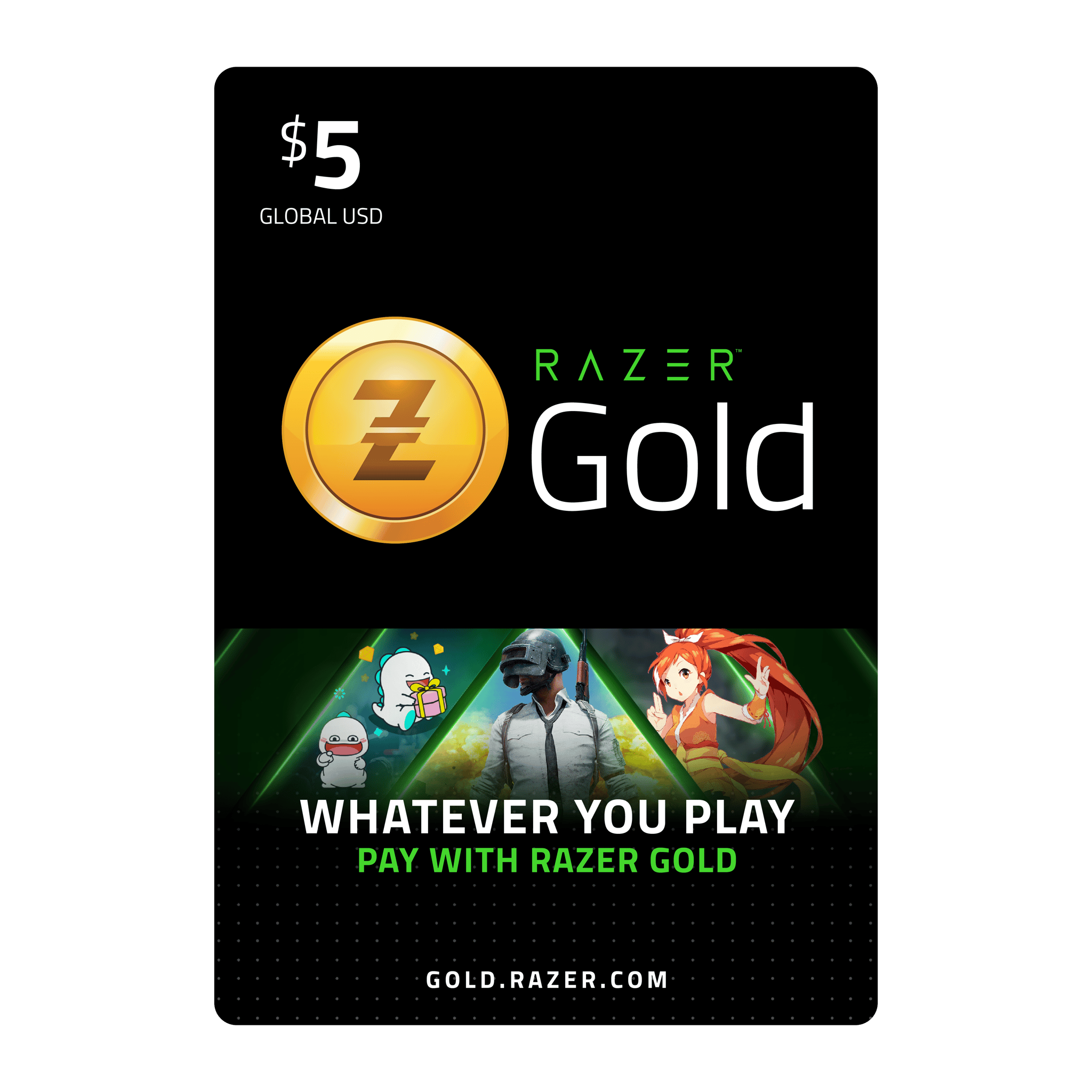 A digital graphic of a Razer Gold 5 USD -GLOBAL gift card against a green background, featuring a gold coin logo at the top, and colorful depictions of various gaming characters below, with the text "PAY WITH RAZER GOLD". | TECHHAUZ.COM