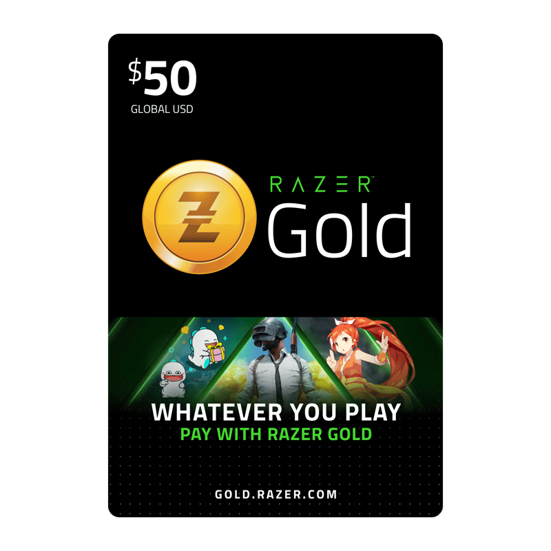 A digital Razer Gold 50 USD -GLOBAL gift card, featuring the logo and various gaming character illustrations, captioned "Whatever You Play, Pay With Razer Gold" on a green background. | TECHHAUZ.COM