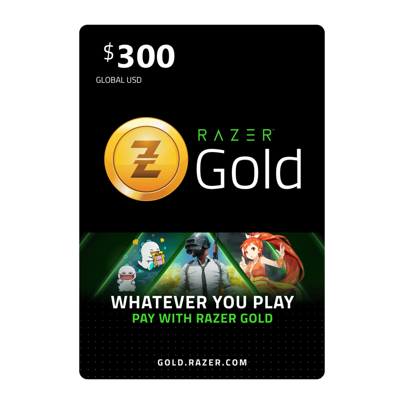 Digital gift card for Razer Gold 10 USD -GLOBAL valued at $300, featuring the brand's logo and illustrations of diverse gaming characters with the tagline "WHATEVER YOU PLAY, PAY WITH RAZER GOLD. | TECHHAUZ.COM