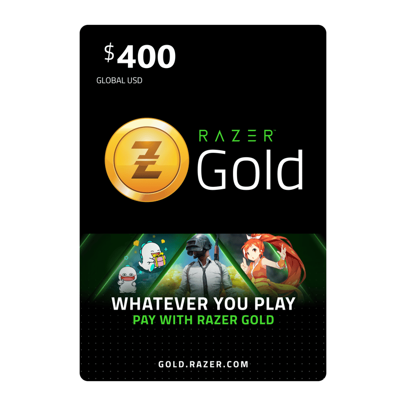 A digital Razer Gold 10 USD -GLOBAL gift card featuring a $400 value indication, the Razer Gold logo, and images of various gaming characters with the slogan "WHATEVER YOU PLAY, PAY WITH RAZER GOLD" at the bottom. | TECHHAUZ.COM