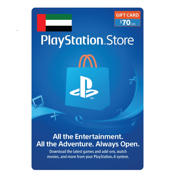 A $70 PlayStation Store 70 USD Gift Card Digital Code- UAE featuring a blue background with a white PlayStation logo on a shopping bag. Text promotes various entertainment options available through the PlayStation Store for the PlayStation 4 system. | TECHHAUZ.COM