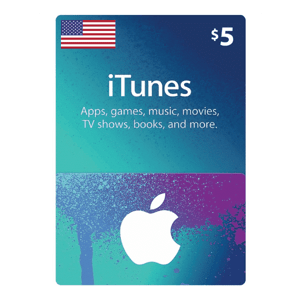 A $5 Apple Gift Card- 5 USD-USA featuring a U.S. flag at the top, with text for apps, games, music, movies, and more, and an Apple logo on a colorful, speckled background. | TECHHAUZ.COM