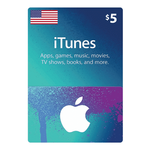 A $5 Apple Gift Card- 5 USD-USA featuring a U.S. flag at the top, with text for apps, games, music, movies, and more, and an Apple logo on a colorful, speckled background. | TECHHAUZ.COM