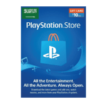 A PlayStation Store 10 USD Gift Card Digital Code- Saudi Arabia worth $10, displayed against a blue backdrop featuring gaming icons, indicating its use for purchasing games, add-ons, and more from the PlayStation Store. | TECHHAUZ.COM