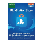 A PlayStation Store 50 USD Gift Card Digital Code- Saudi Arabia featuring a blue background with a PlayStation Store logo on a shopping bag, surrounded by gaming icons. Text promotes downloading games and add-ons. | TECHHAUZ.COM