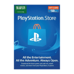 A PlayStation Store 50 USD Gift Card Digital Code- Saudi Arabia featuring a blue background with a PlayStation Store logo on a shopping bag, surrounded by gaming icons. Text promotes downloading games and add-ons. | TECHHAUZ.COM