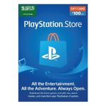 A PlayStation Store 100 USD Gift Card Digital Code- Saudi Arabia image depicting a $100 USD card against a blue background, featuring the PlayStation logo and icons related to gaming, with text inviting customers to download games and entertainment from the PlayStation Store. | TECHHAUZ.COM