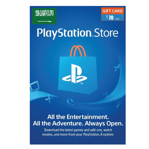 A $70 PlayStation Store 70 USD Gift Card Digital Code- Saudi Arabia featuring a blue background with a white PlayStation logo, encircled by gaming icons, and text promoting entertainment downloads for the PlayStation 4 system. | TECHHAUZ.COM