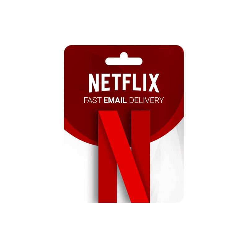 Sentence with product name: Netflix - $30 Gift Card-USA showcased on a hanging red and white card with the Netflix logo, priced at 30$, emphasizing fast email delivery. | TECHHAUZ.COM