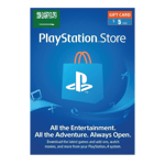A $5 PlayStation Store 5 USD Gift Card-Digital Code-Saudi Arabia featuring the logo on a blue background, musical notes, and icons of a film strip and game controller. Text promotes downloading games, movies, and more from PlayStation 4. | TECHHAUZ.COM
