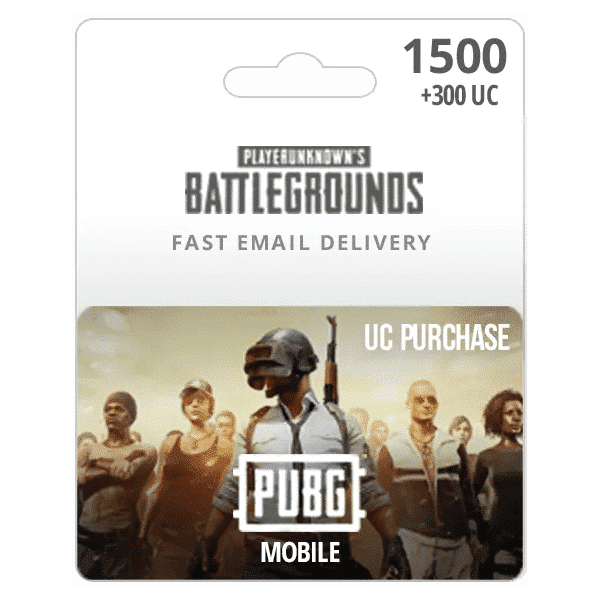 A digital PUBG-1500 + 300 UC card for purchasing 1500 UC in PUBG Mobile, featuring graphics of characters geared up for combat and the game's logo prominently displayed. The top denotes fast email delivery. | TECHHAUZ.COM