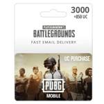 Gift card for "PUBG-3000 +850UC" featuring 3000 UC + 850 bonus UC. The card shows characters from the game and advertises fast email delivery. | TECHHAUZ.COM