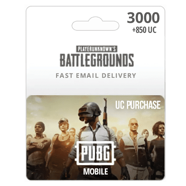 Gift card for "PUBG-3000 +850UC" featuring 3000 UC + 850 bonus UC. The card shows characters from the game and advertises fast email delivery. | TECHHAUZ.COM