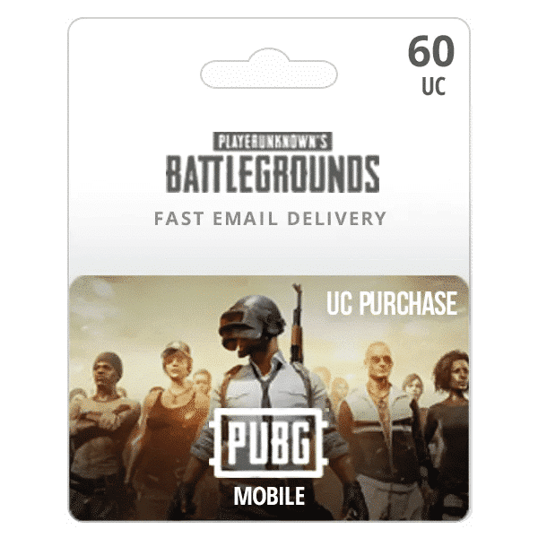 Digital gift card for PUBG-60 UC featuring an image of game characters ready for battle, with the text "60 UC," "Fast Email Delivery," and "PUBG" highlighted. | TECHHAUZ.COM