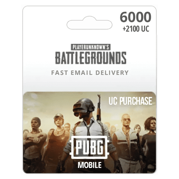 A digital card for purchasing PUBG-6000 +2100UC in PUBG Mobile, featuring an image of armed characters, labeled "Fast Email Delivery" for online delivery. | TECHHAUZ.COM