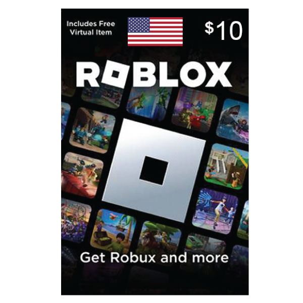 A Roblox Digital Gift Card -10 USD -USA featuring the Roblox logo and various game scenes, labeled "Get Robux and more," with an American flag and "Includes Free Virtual Item" text. | TECHHAUZ.COM