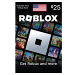 Roblox Digital Gift Card - 25 USD -USA image, featuring a montage of game snapshots with a prominent Roblox logo, and a tag for a free virtual item. The U.S. flag is displayed in the top left corner. | TECHHAUZ.COM