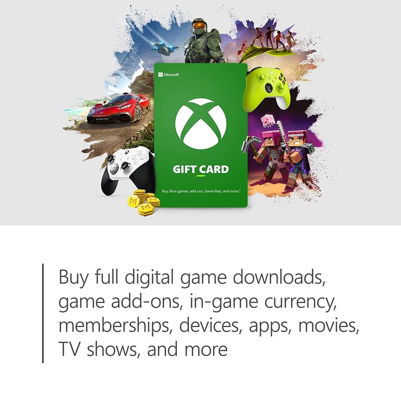 An advertisement featuring a Xbox Gift Card-10 USD- USA- Digital Code surrounded by various digital items including game controllers, a race car, a soldier, and fantasy creatures, emphasizing the card's use for purchasing games, add-ons, and more. | TECHHAUZ.COM