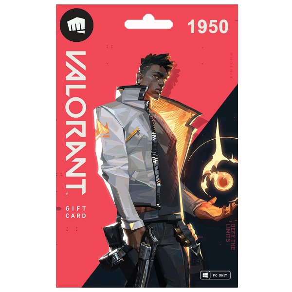 Valorant - 1950 VP - MENA Region gift card featuring a stylized artistic illustration of a male character with a modern hairstyle and a futuristic outfit, holding a weapon, set against a dynamic red and gray background with Valorant game elements. | TECHHAUZ.COM