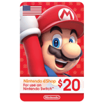 A Nintendo eShop 20 USD - USA Store gift card featuring a close-up image of Mario from the Nintendo games, smiling in his traditional red cap and overalls, against a red background with various game icons. | TECHHAUZ.COM