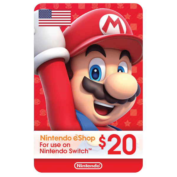 A Nintendo eShop 20 USD - USA Store gift card featuring a close-up image of Mario from the Nintendo games, smiling in his traditional red cap and overalls, against a red background with various game icons. | TECHHAUZ.COM