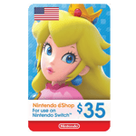 A Nintendo eShop 35 USD- USA Store card featuring Princess Peach from Nintendo, with a background of a blue gradient and the American flag in the corner. | TECHHAUZ.COM