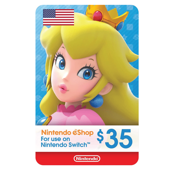 A Nintendo eShop 35 USD- USA Store card featuring Princess Peach from Nintendo, with a background of a blue gradient and the American flag in the corner. | TECHHAUZ.COM