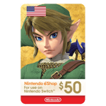 A digital gift card featuring an illustration of Link from The Legend of Zelda, valued at $50 for use on the Nintendo eShop 50 USD - USA Store, adorned with the US flag. | TECHHAUZ.COM