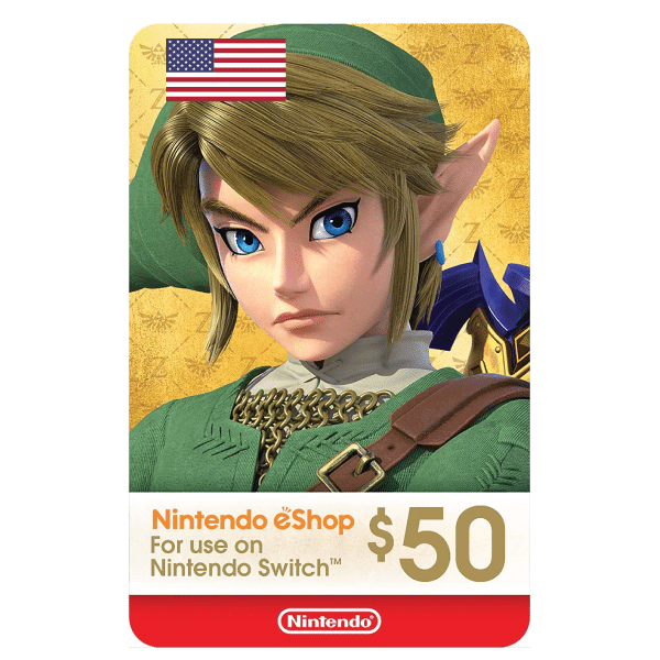 A digital gift card featuring an illustration of Link from The Legend of Zelda, valued at $50 for use on the Nintendo eShop 50 USD - USA Store, adorned with the US flag. | TECHHAUZ.COM