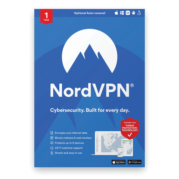 A NordVPN - 1-Year VPN & Cybersecurity Software Protection For 6 Devices -INTERNATIONAL- Email Delivery box displaying features like cyber protection, device support, and VPN encryption, highlighting a 1-year subscription with auto-renewal option. | TECHHAUZ.COM