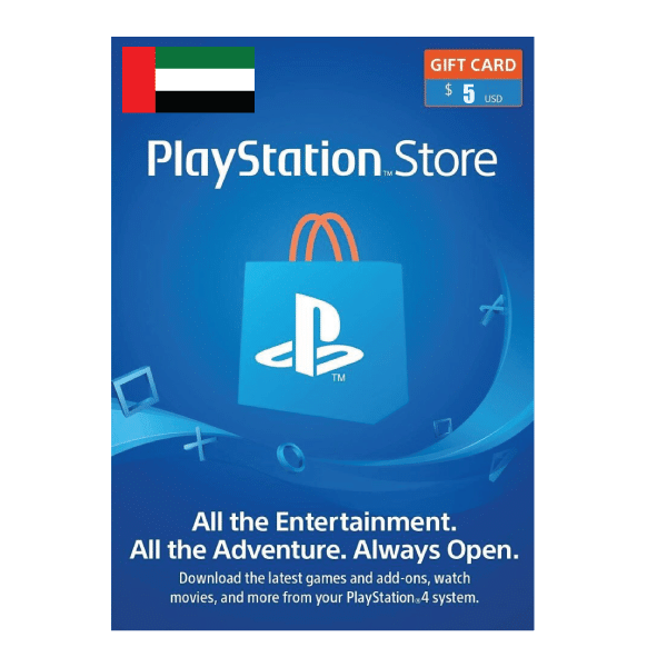 A PlayStation Store 5 USD gift card displayed on a blue background featuring the PlayStation logo and icons of game controllers, with text highlighting entertainment options for PlayStation 4. | TECHHAUZ.COM