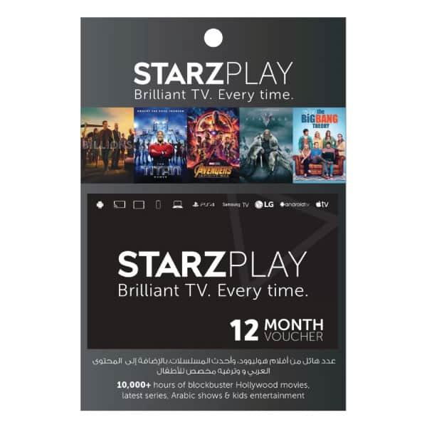A "STARZPLAY - 12 months Subscription INT -Email Delivery" subscription voucher card highlighting a 12-month plan. It features movie images like "Avengers" and series like "The Big Bang Theory." Logos from LG, Samsung, and Apple TV are displayed at the bottom. | TECHHAUZ.COM