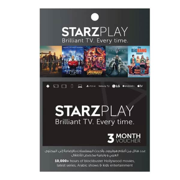A STARZPLAY - 3 months Subscription INT - Email Delivery featuring a collage of movie and TV show thumbnails like The Big Bang Theory and Avengers. Text details the inclusion of hours of entertainment in multiple languages. | TECHHAUZ.COM