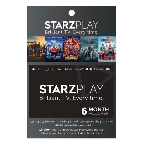 A STARZPLAY - 6 months Subscription INT -Email Delivery voucher card featuring images from various TV shows and movies, promoting access to Hollywood movies, series, and Arabic shows. | TECHHAUZ.COM