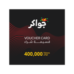 A black voucher card featuring abstract red wave patterns with the word "Jawaker-400000 Token" in a stylized font at the top. It includes Arabic script and mentions "400,000 Tokens" at the bottom. | TECHHAUZ.COM