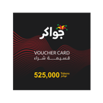 A black voucher card featuring red wavy lines and the word "Jawaker-525000 Token" in large white font. It includes text "Voucher Card" and "525,000 Tokens" with Arabic translations beneath each line. | TECHHAUZ.COM