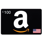 eGift code-100USD-USA, featuring a large white Amazon logo with a smiling orange arrow on a black background, and an American flag in the corner. | TECHHAUZ.COM