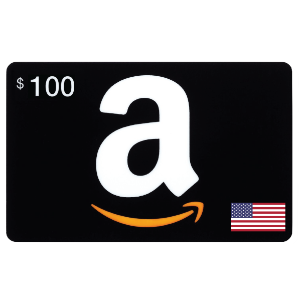 eGift code-100USD-USA, featuring a large white Amazon logo with a smiling orange arrow on a black background, and an American flag in the corner. | TECHHAUZ.COM