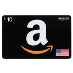 eGift code-10USD-USA, featuring a large white Amazon logo with a smiling orange arrow on a black background, and an American flag in the corner. | TECHHAUZ.COM