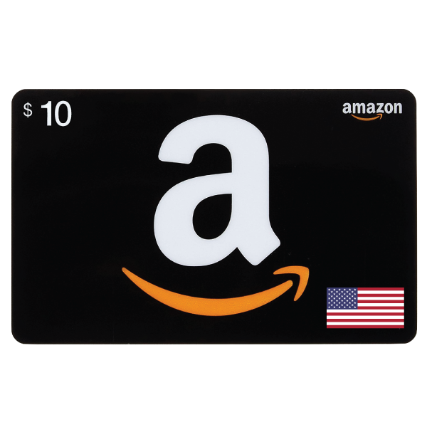 eGift code-10USD-USA, featuring a large white Amazon logo with a smiling orange arrow on a black background, and an American flag in the corner. | TECHHAUZ.COM