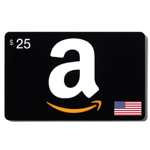 eGift code-25USD-USA, featuring a large white Amazon logo with a smiling orange arrow on a black background, and an American flag in the corner. | TECHHAUZ.COM