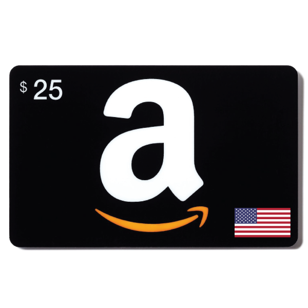 eGift code-25USD-USA, featuring a large white Amazon logo with a smiling orange arrow on a black background, and an American flag in the corner. | TECHHAUZ.COM