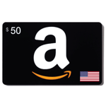 eGift code-50USD-USA, featuring a large white Amazon logo with a smiling orange arrow on a black background, and an American flag in the corner. | TECHHAUZ.COM