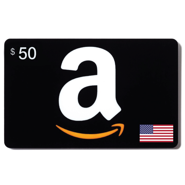 eGift code-50USD-USA, featuring a large white Amazon logo with a smiling orange arrow on a black background, and an American flag in the corner. | TECHHAUZ.COM